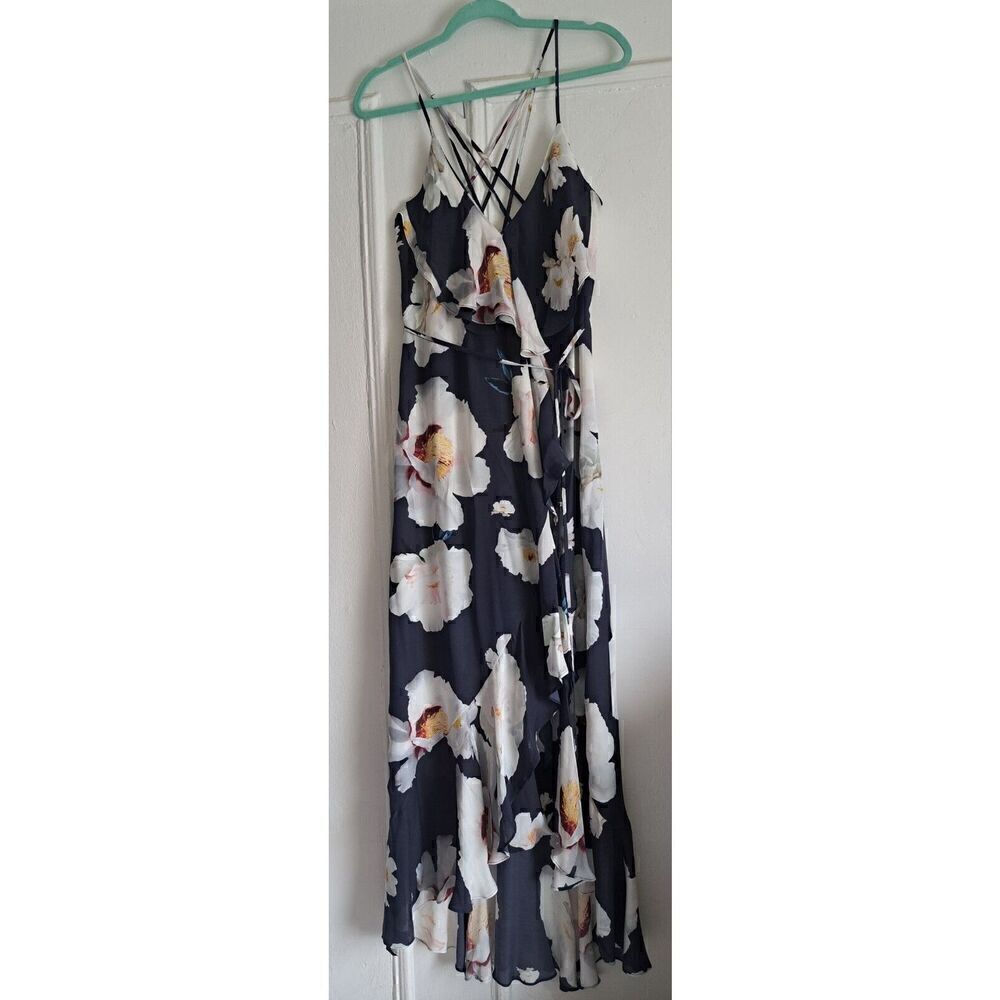 Intermix Women Silk Medium Wrap Tie Floral Midi Hi Low Tiered Dress Blue Yellow